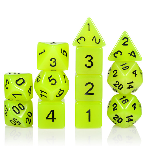 Set of 12 neon green dice in stacks