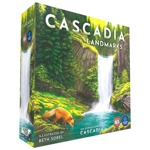 Cascadia Landmarks box depicting wildlife at the base of a waterfall