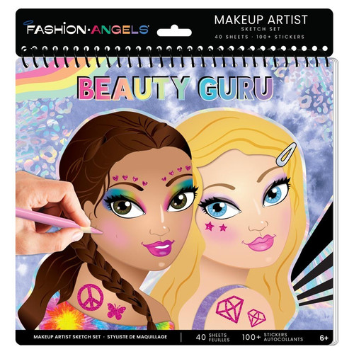 Beauty Guru Hair and Makeup sketch portfolio cover, depicting a hand drawing makeup on a cartoon sketched woman's face