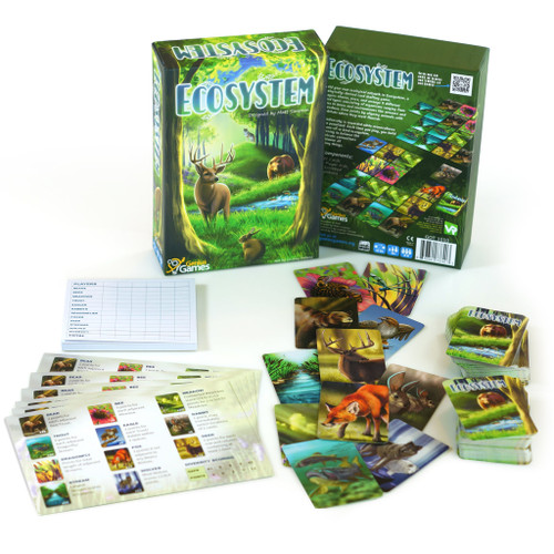 Game components including animal cards and score pad