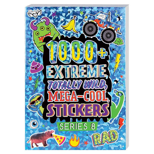 1000+ Mega Cool Stickers book cover, depicting images of a hippo, a dinosaur, pizza, a monster truck, and more