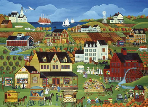 A village cartoon landscape in fall. 