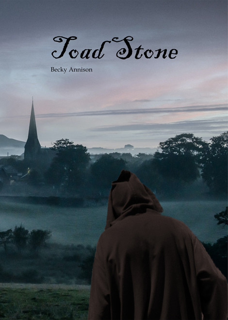 a hooded character looking over a misty landscape toward a church