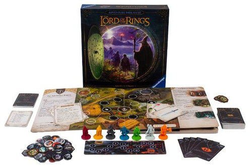 The Lord of the Rings Adventure Book Game components, including the book, character miniatures, cards and tokens