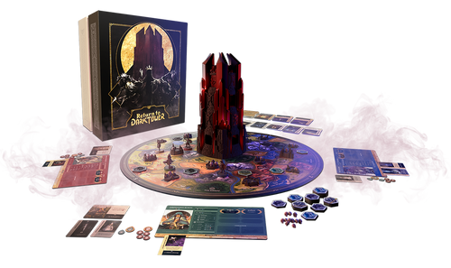 Possible game layout featuring a tower on a circle map with tokens and character cards
