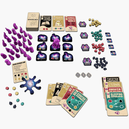 Cosmoctopus game components, including card, tentacle tokens and more