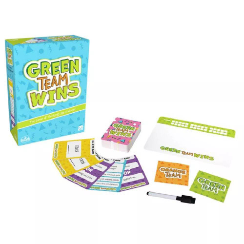 Green Team Wins box and components, including cards, dry erase boards and dry erase markers