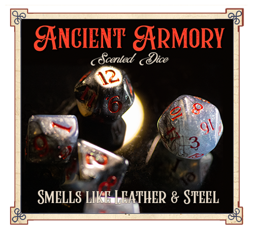 Ancient Armory, scented gray and red dice