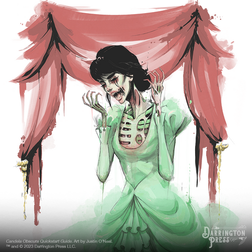 Art featuring a female skeleton in a mint dress