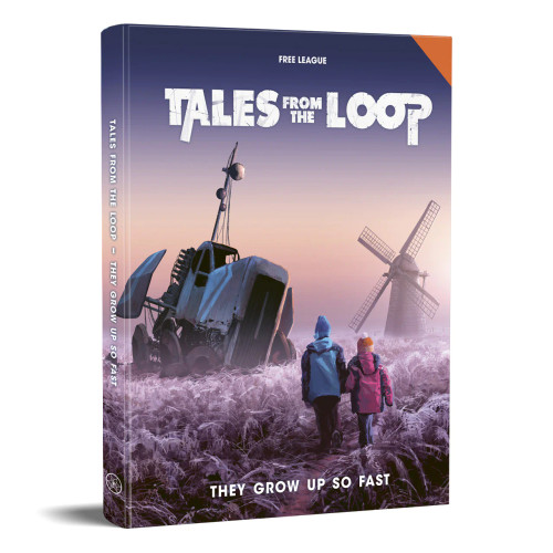Tales from the Loop They Grow Up So Fast book cover, depicting two children approaching abandoned farm equipment