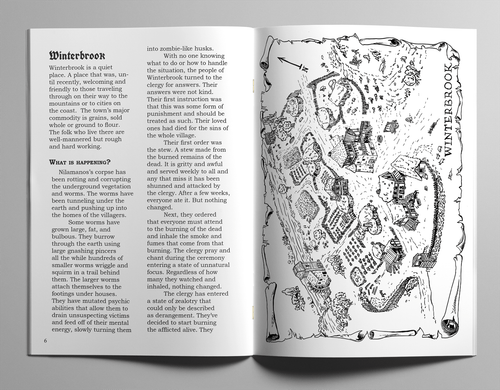 Sample page, black and white map, with "What's Happening" subtitle