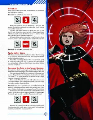 Marvel Multiverse RPG Core Rulebook interior page with the game's dice-rolling rules
