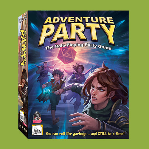 Front cover of game box  featuring a group of adventurers running away from a glowing twenty-sided die
