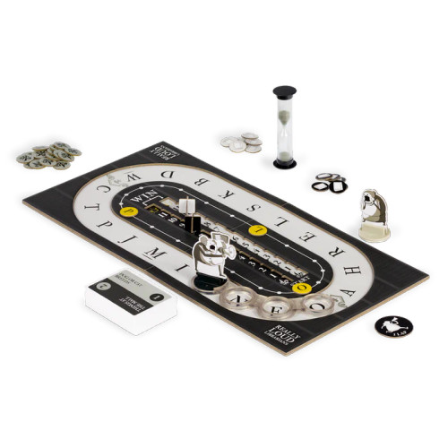 Really Loud Librarians gameplay, including racetrack board, category cards and sandtimer
