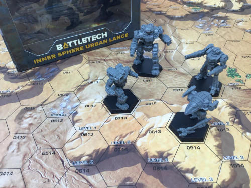 Inner Sphere Urban Lance mech miniatures on a battlemat