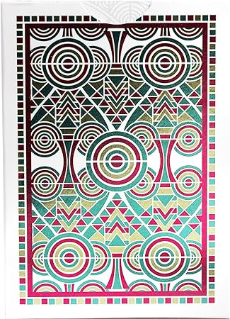 Back of cards featuring a teal, pink and gold pattern 