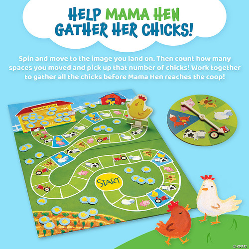Count Your Chickens game setup, including a mama hen piece, game board, and a spinner