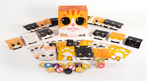 Cat Tower components, including stacking cat cards, tokens and a die