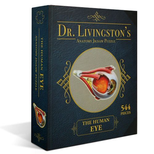 Front of puzzle box appearing like a blue book with puzzle image on front cover