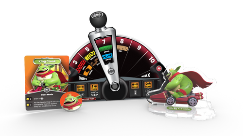a throttle dashboard, with other game components  character cards and tokens 