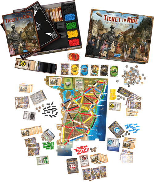 Game components including, train pieces, cards, map