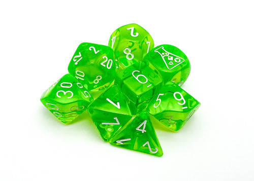 Translucent green and white dice set