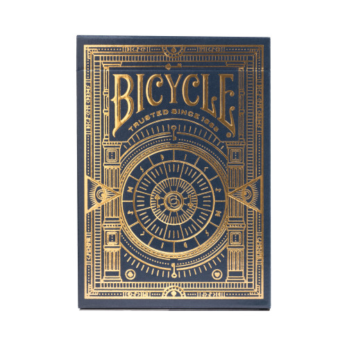 Front of packaging featuring navy and gold 