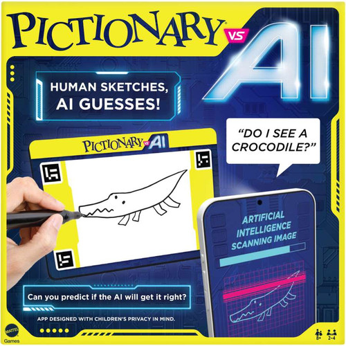 Front cover of game box featuring a navy box with a Pictionary Alligator