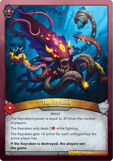 A card  with a sea monster that has tentacles purple and yellow. 