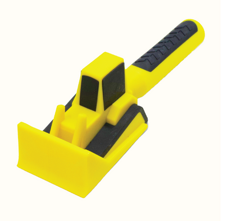 a pusher truck/tractor with a flat front in yellow and black colors
