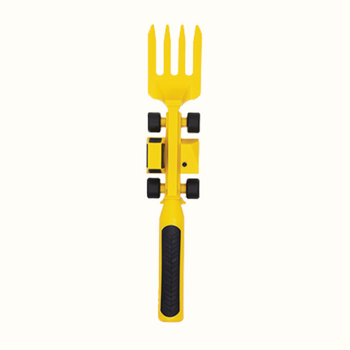 yellow and black plastic fork with wheels like a tractor