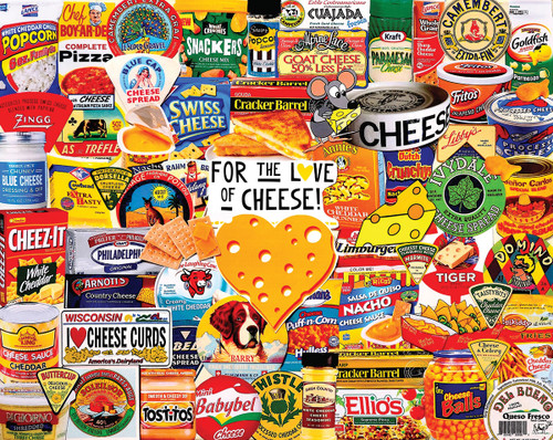 I Love Cheese puzzle image, featuring a collage of cheesy snacks