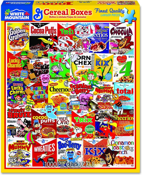 Front of puzzle box featuring classic cereal box marketing and boxes