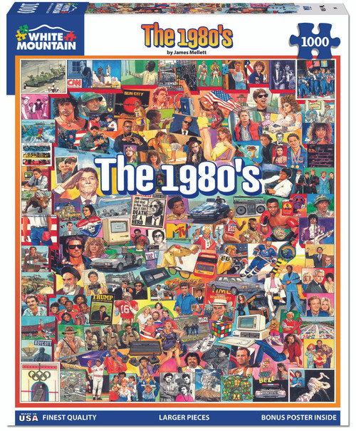 Front cover of puzzle box featuring 1980's iconic characters and events