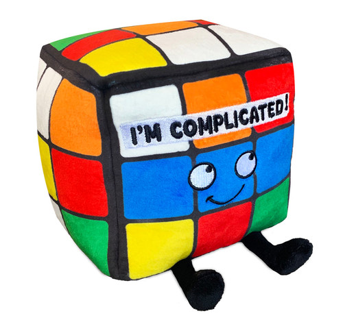 plush Rubix with a face and saying<"I'm complicated" 