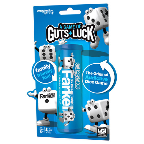 Classic Farkel Dice Tube in package showing anthropomorphized dice with arms, legs, and eyes