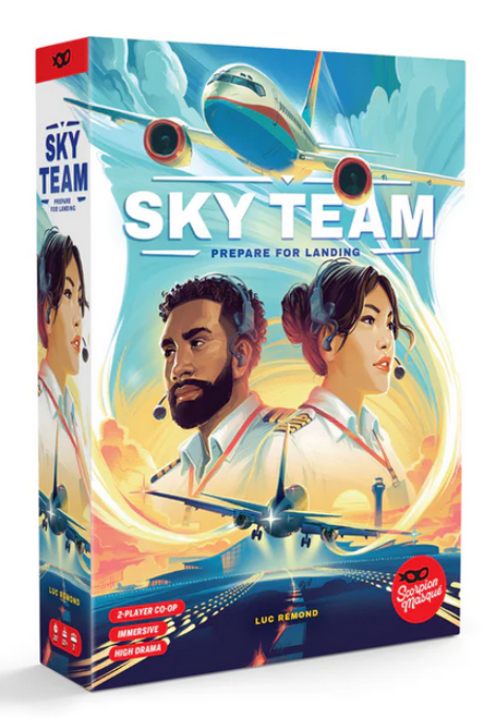 Sky Team game box, depicting two pilots back to back, a passenger plane landing overhead