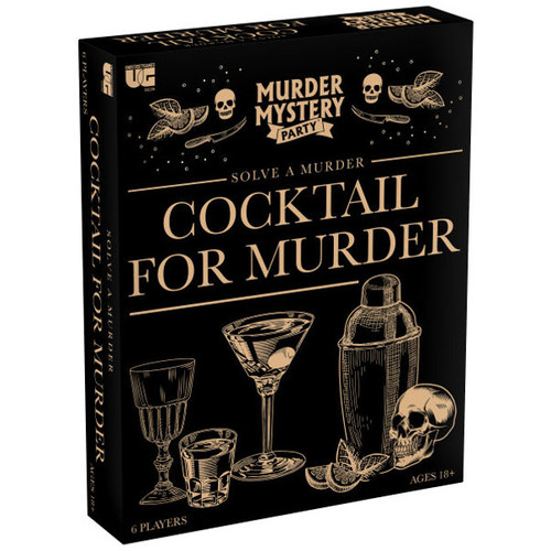 black front of game box with gold lettering and cocktails and ingredients