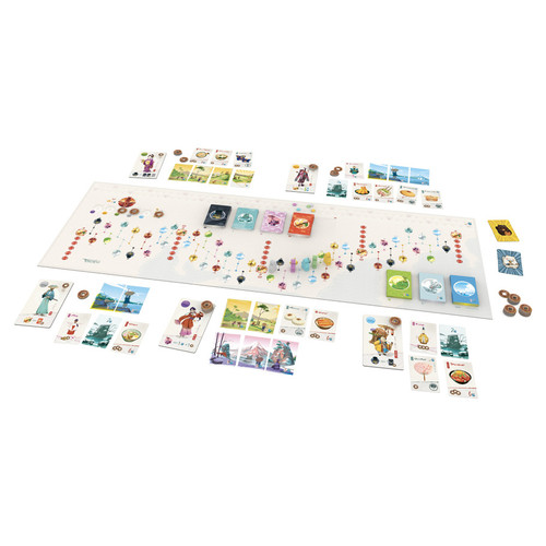 Game components cards of different landscapes, traditional apparel, and other pieces