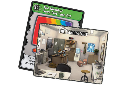 Puzzle cards, one is The Laboratory, the other shows a monitor with the words "The monitor will not turn off"