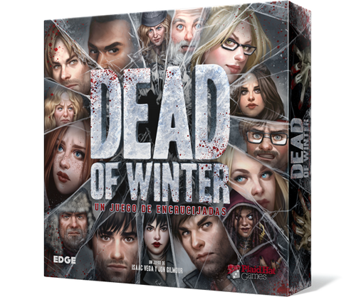 Dead of Winter front cover of box featuring a shattered mirror type shape with different characters faces 