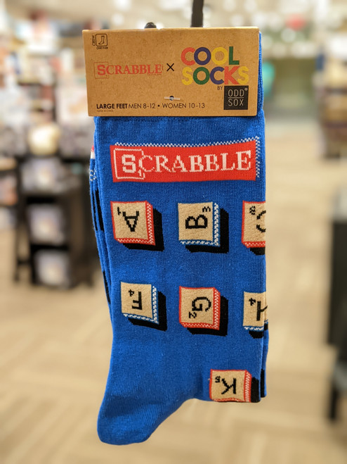 Socks with Scrabble tile graphic on a hangar