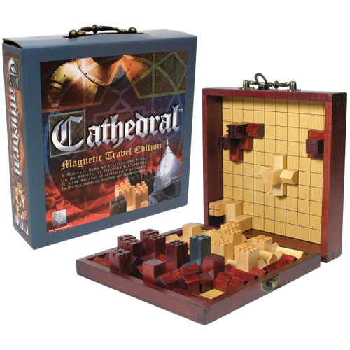 Cathedral Travel box with game components, with lid at 90-degree angle showing the magnetized pieces stuck to the vertical face