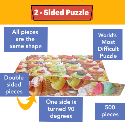 Features of the puzzle: all pieces are the same shape, double-sided pieces, printed on both sides with one side turned 90-degrees