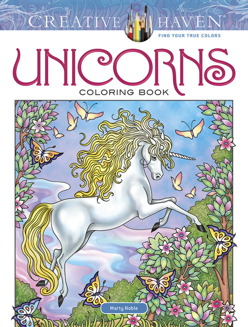 Unicorns Creative Haven Coloring Book showing a prancing unicorn in a forest