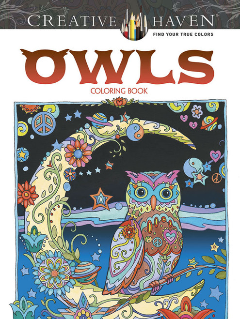 Owls Creative Haven Coloring Book cover showing a fanciful owl perched on a crescent moon