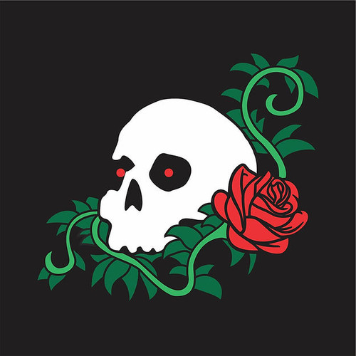 close up of embroidering of a skull and rose vine