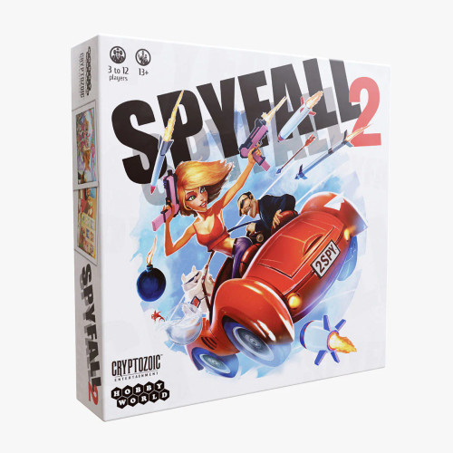 Spyfall 2 box, depicting a pair of spies in a red car