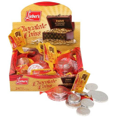 Display of Lieber's PARVE Bittersweet Chocolate Coins
