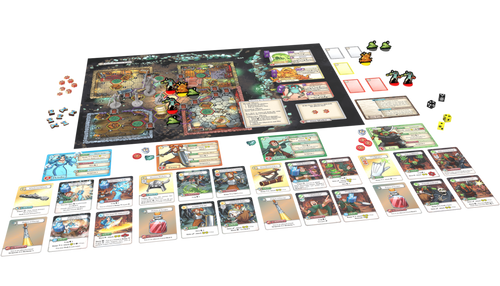 Game setup, including cards, player boards, a combat board and more